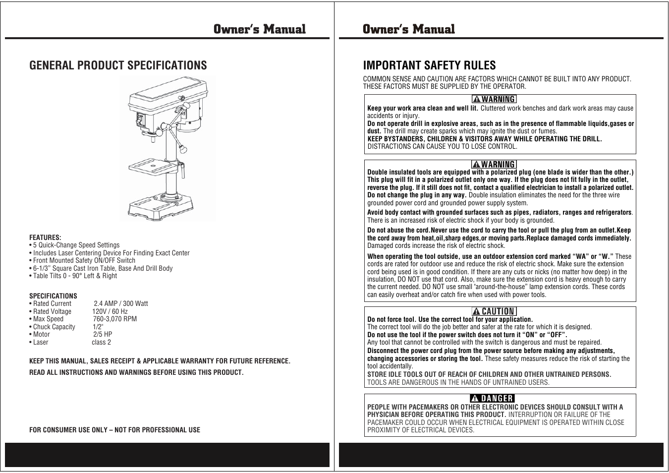 General product specifications, Important safety rules | Steele Products SP-PB208 User Manual | Page 2 / 9