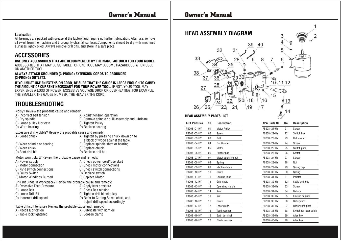 Accessories, Troubleshooting, Head assembly diagram | Steele Products SP-PB208 User Manual | Page 7 / 9