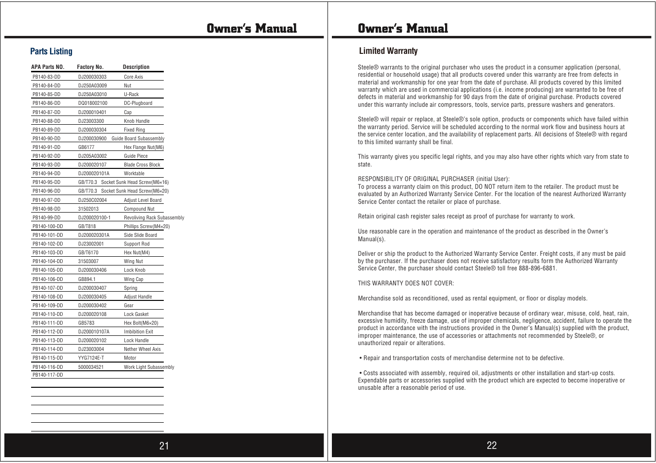 Parts listing, Limited warranty | Steele Products SP-PB140 User Manual | Page 11 / 12