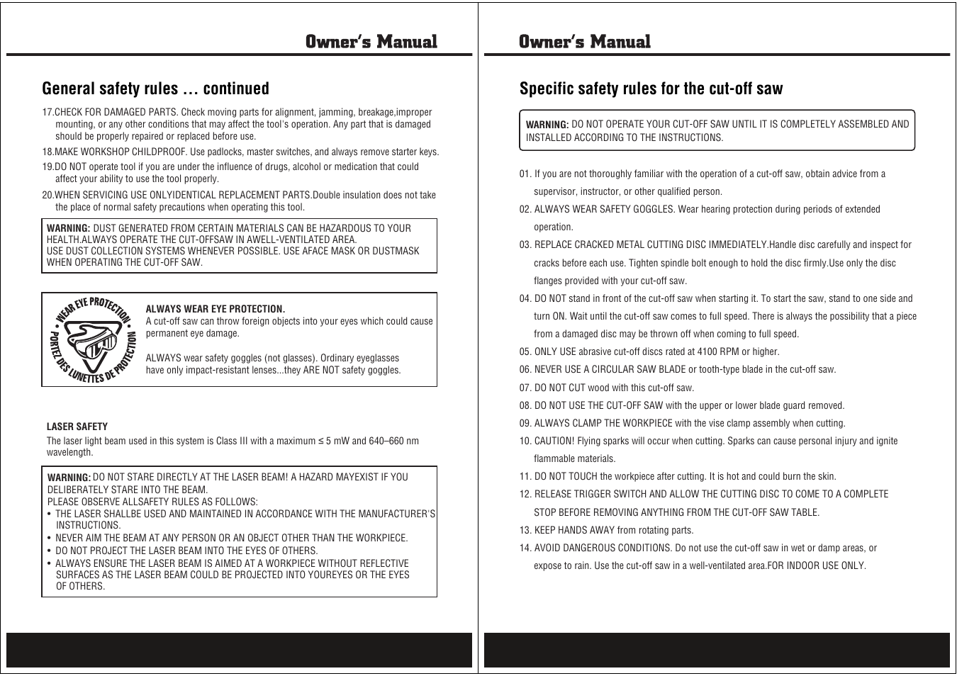 General safety rules ... continued, Specific safety rules for the cut-off saw | Steele Products SP-PB125 User Manual | Page 3 / 10