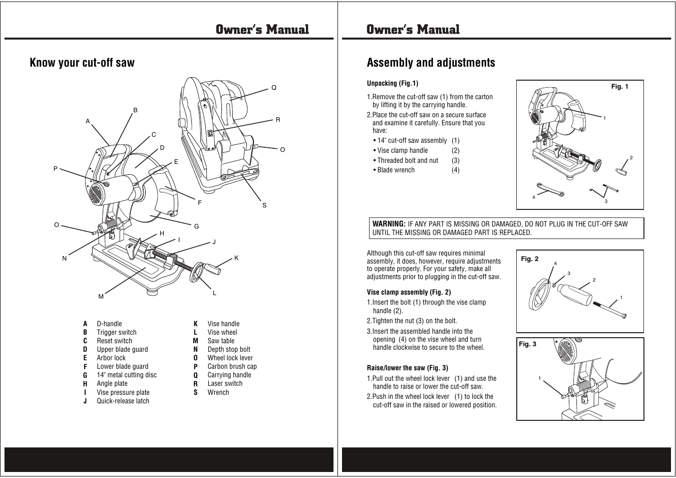 Know your cut-off saw, Assembly and adjustments | Steele Products SP-PB125 User Manual | Page 5 / 10