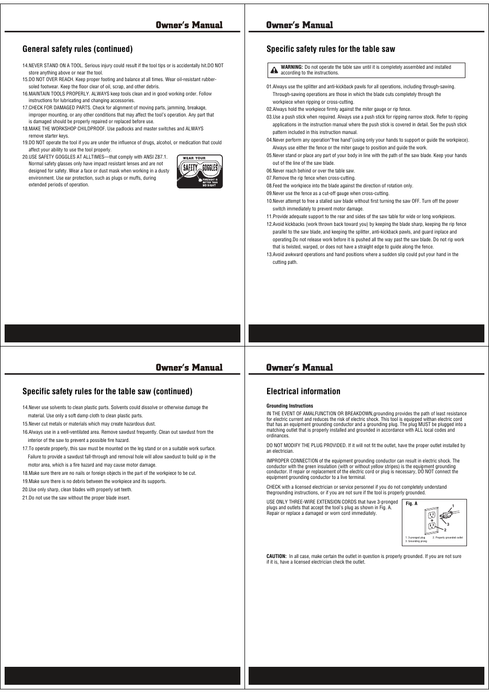 General safety rules (continued), Specific safety rules for the table saw, Electrical information | Steele Products SP-PB101 User Manual | Page 2 / 9