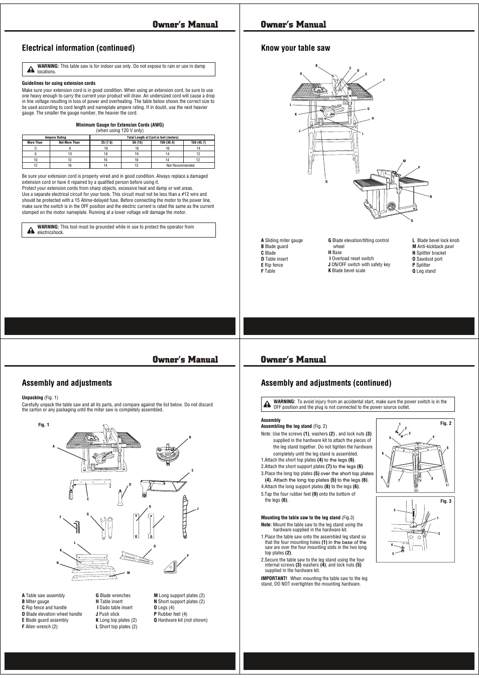 Electrical information (continued), Know your table saw, Assembly and adjustments | Assembly and adjustments (continued) | Steele Products SP-PB101 User Manual | Page 3 / 9