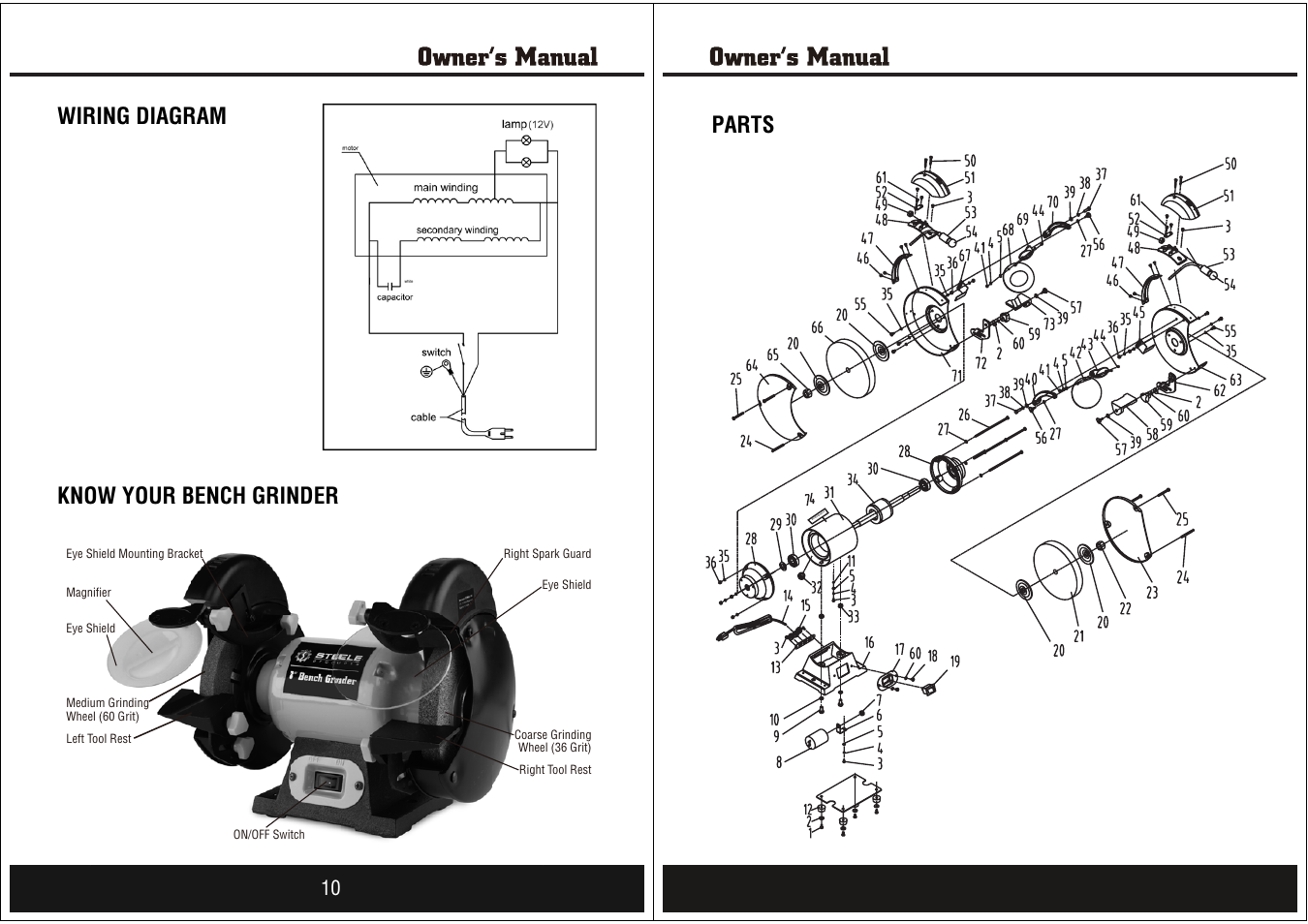Wiring diagram know your bench grinder, Parts, 11 masterforce | Steele Products SP-PB008 User Manual | Page 6 / 8