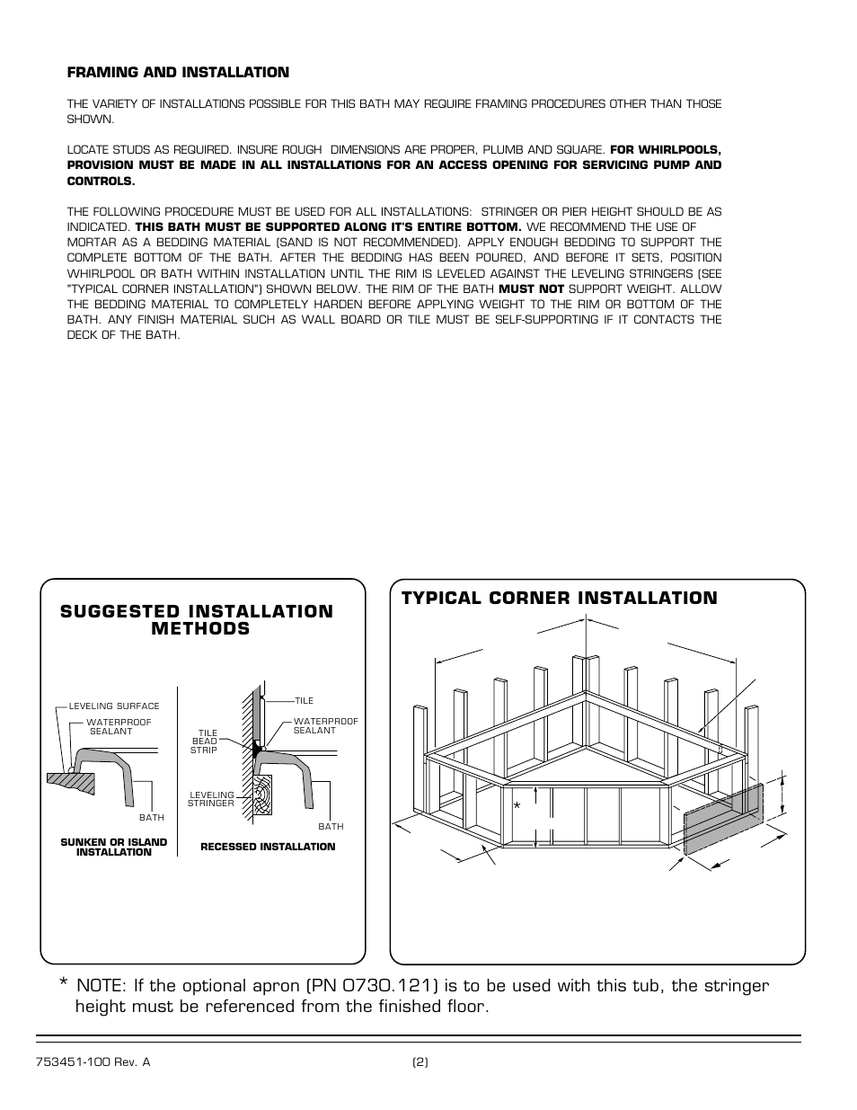 Typical corner installation, Suggested installation methods, Framing and installation | American Standard Colony Corner 1730 SERIES User Manual | Page 2 / 4