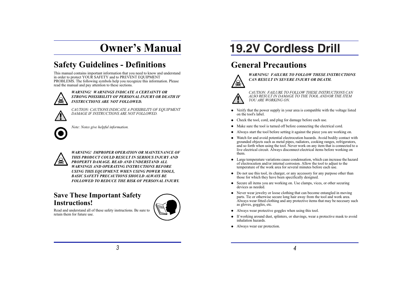 Owner’s manual, 2v cordless drill, Safety guidelines - definitions | General precautions, Save these important safety instructions | Steele Products SP-PT135 User Manual | Page 2 / 9
