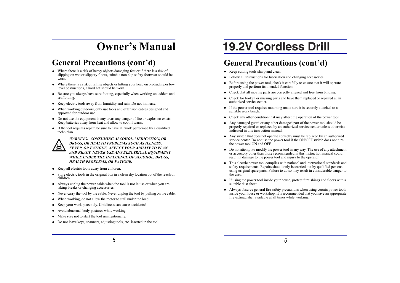 Owner’s manual, 2v cordless drill, General precautions (cont’d) | Steele Products SP-PT135 User Manual | Page 3 / 9