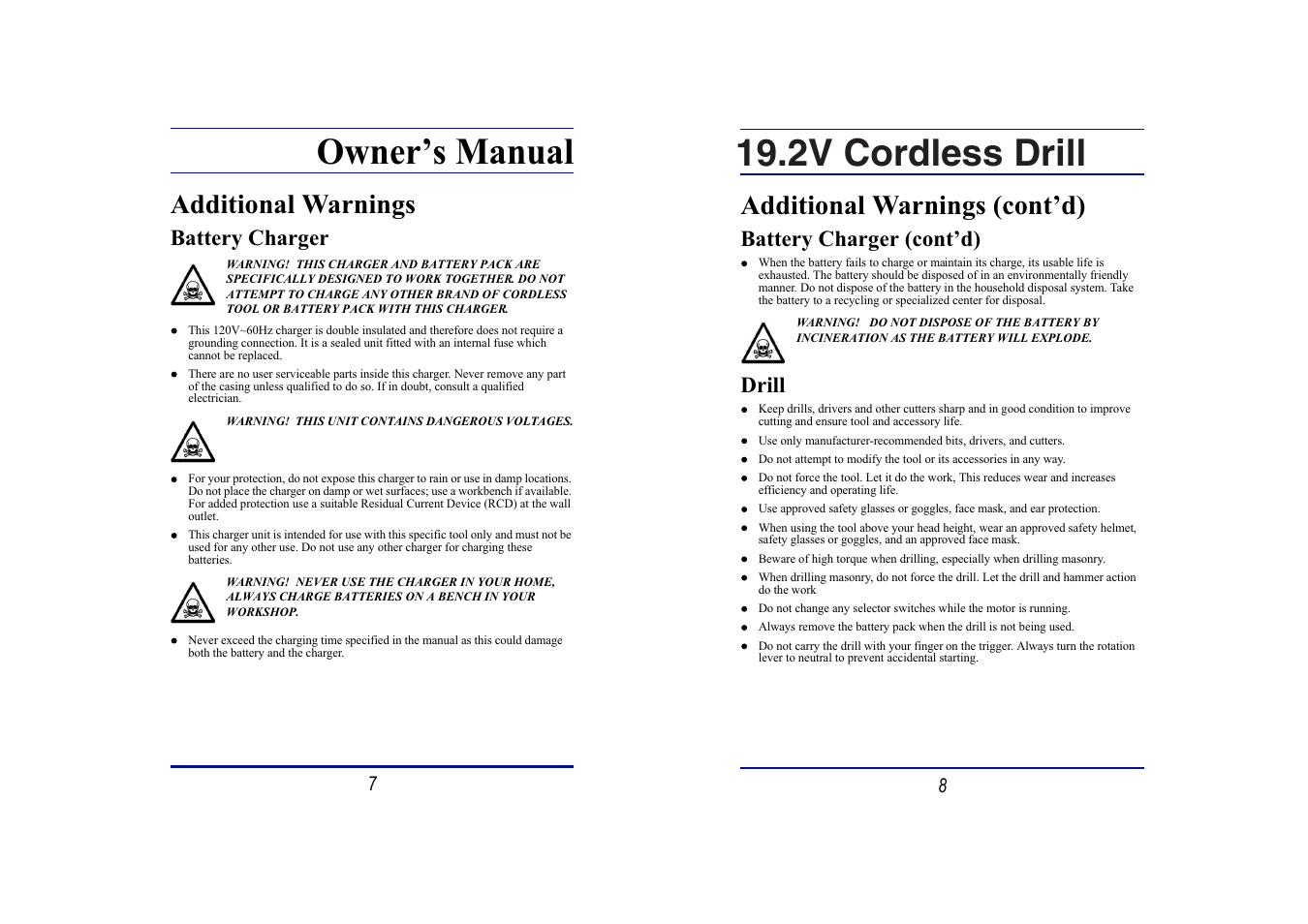 Owner’s manual, 2v cordless drill, Additional warnings | Additional warnings (cont’d), Battery charger, Battery charger (cont’d), Drill | Steele Products SP-PT135 User Manual | Page 4 / 9