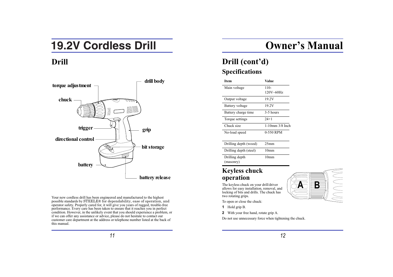 2v cordless drill, Owner’s manual, Drill | Drill (cont’d) | Steele Products SP-PT135 User Manual | Page 6 / 9