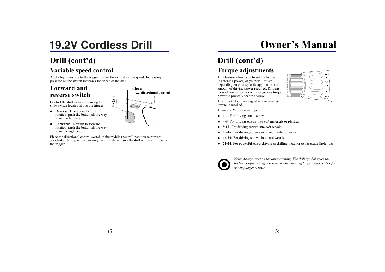 2v cordless drill owner’s manual, Drill (cont’d), Variable speed control | Forward and reverse switch, Torque adjustments | Steele Products SP-PT135 User Manual | Page 7 / 9