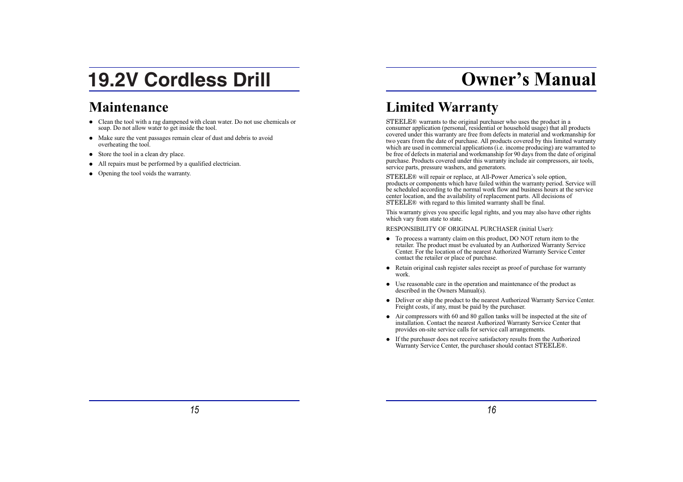 2v cordless drill owner’s manual, Maintenance, Limited warranty | Steele Products SP-PT135 User Manual | Page 8 / 9