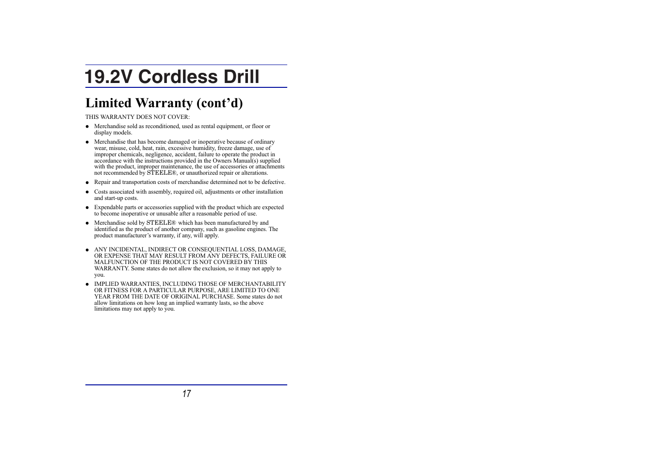 2v cordless drill, Limited warranty (cont’d) | Steele Products SP-PT135 User Manual | Page 9 / 9