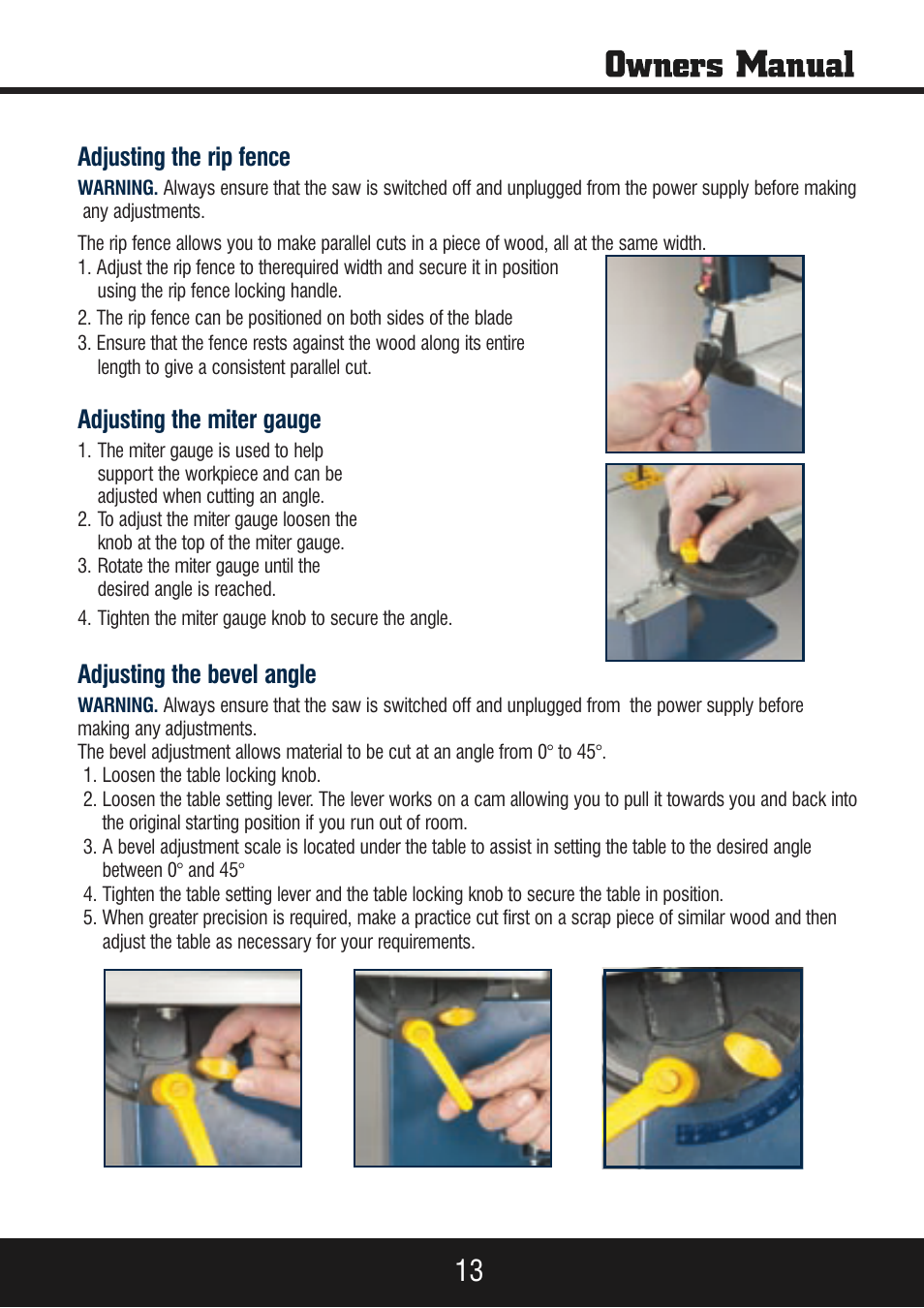 Sp-pb140 eng_manual 13.pdf, Adjusting the rip fence, Adjusting the miter gauge | Adjusting the bevel angle | Steele Products SP-PB140 User Manual | Page 13 / 18