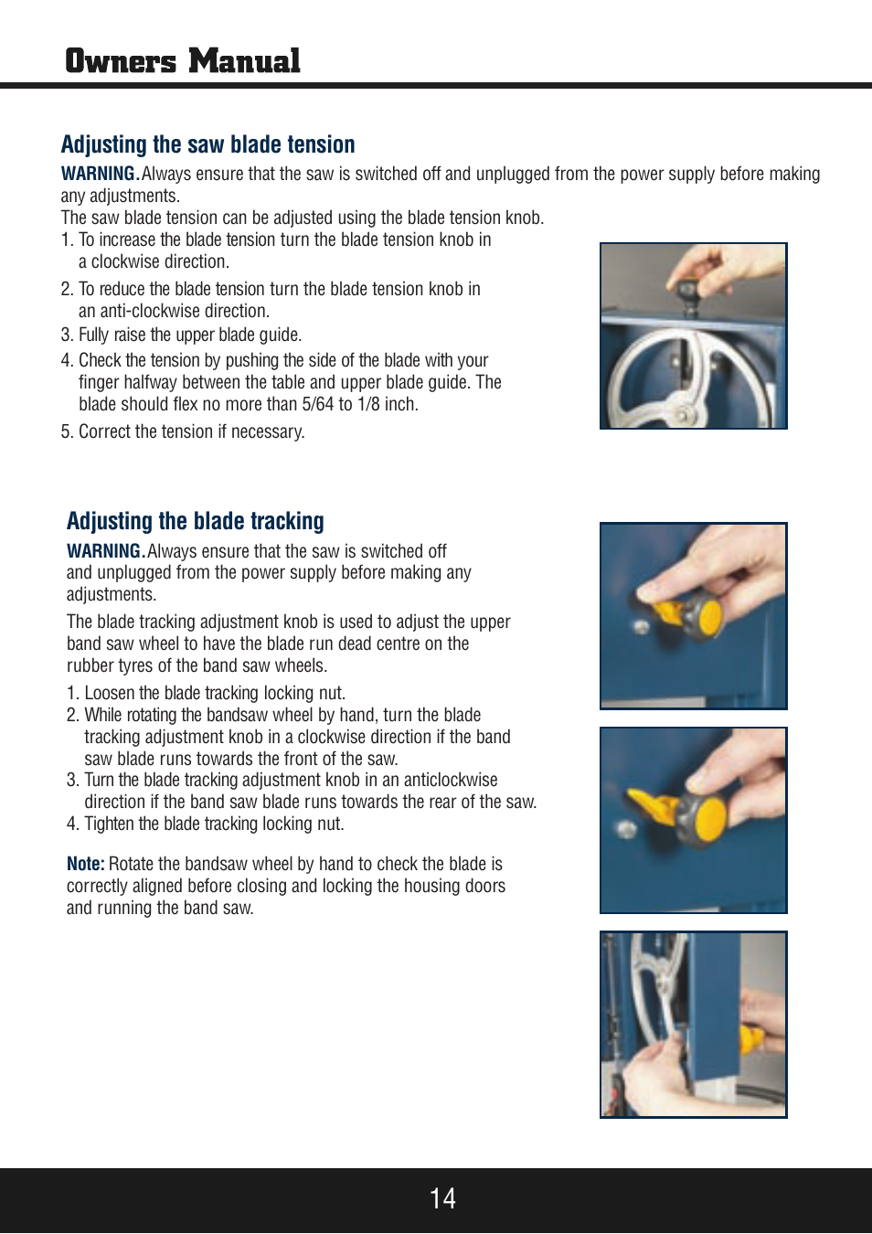 Sp-pb140 eng_manual 14.pdf, Adjusting the saw blade tension, Adjusting the blade tracking | Steele Products SP-PB140 User Manual | Page 14 / 18