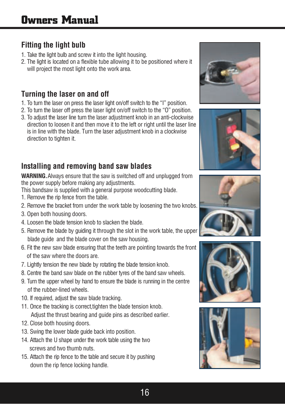 Sp-pb140 eng_manual 16.pdf, Fitting the light bulb, Turning the laser on and off | Installing and removing band saw blades | Steele Products SP-PB140 User Manual | Page 16 / 18