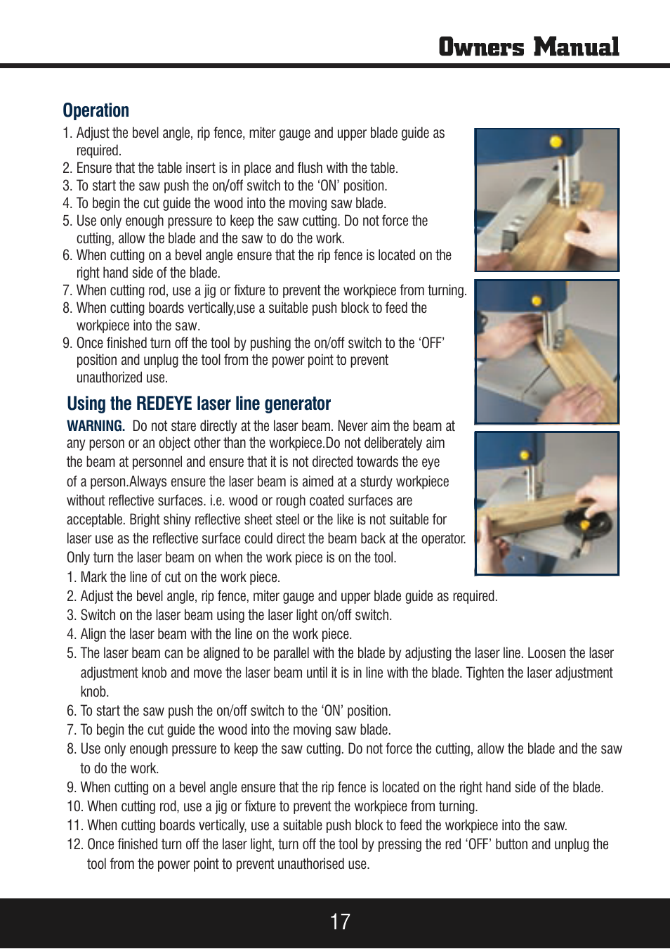 Sp-pb140 eng_manual 17.pdf, Operation, Using the redeye laser line generator | Steele Products SP-PB140 User Manual | Page 17 / 18