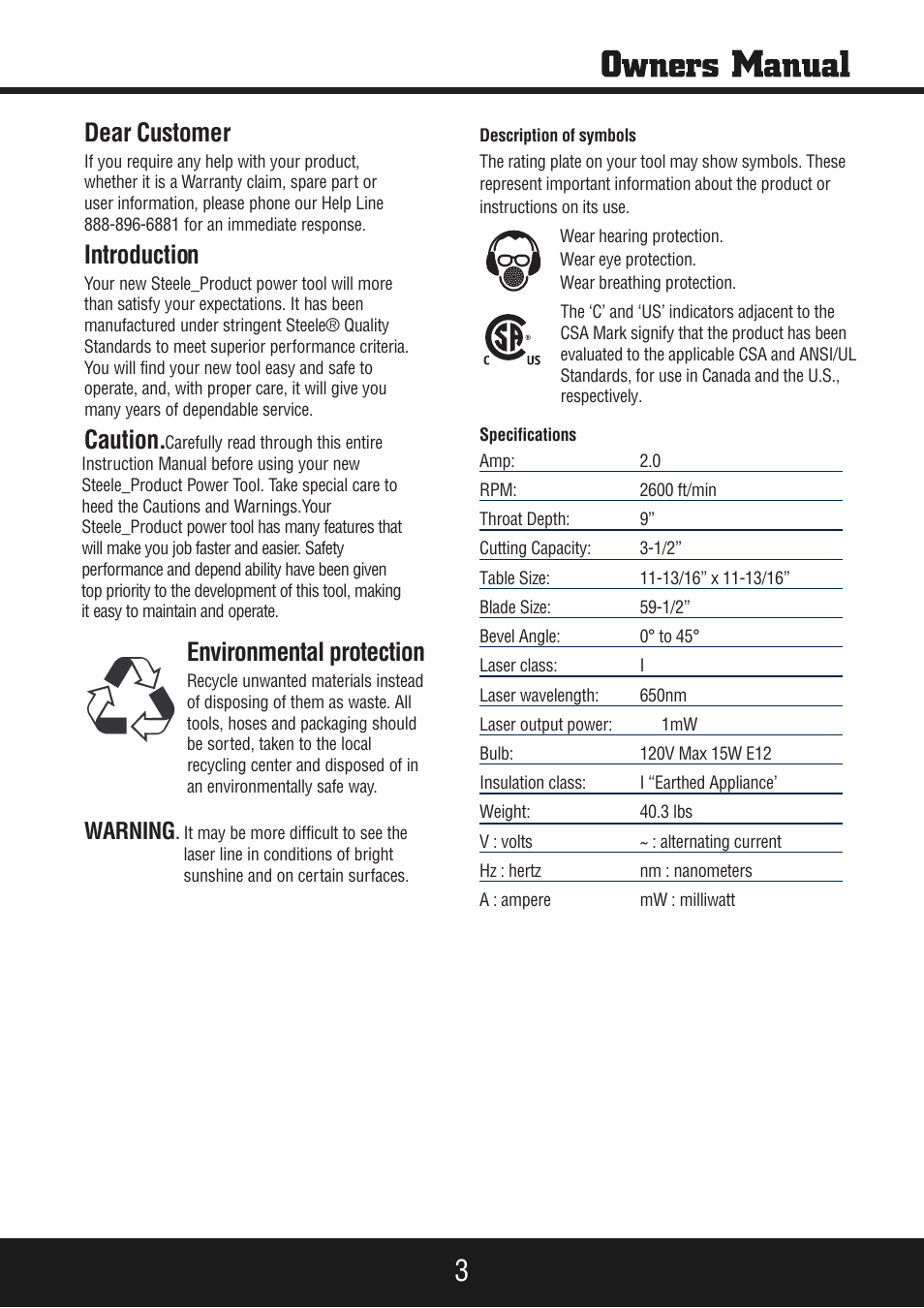 Sp-pb140 eng_manual 3.pdf, Dear customer, Introduction | Environmental protection, Caution, Warning | Steele Products SP-PB140 User Manual | Page 3 / 18