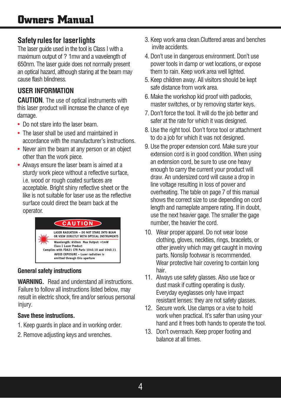 Sp-pb140 eng_manual 4.pdf, Safetyrulesfor laserlights | Steele Products SP-PB140 User Manual | Page 4 / 18