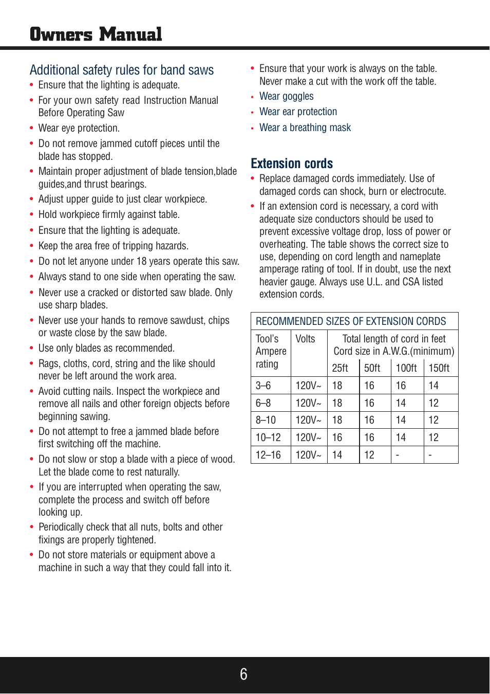 Sp-pb140 eng_manual 6.pdf, Additional safety rules for band saws, Extension cords | Steele Products SP-PB140 User Manual | Page 6 / 18