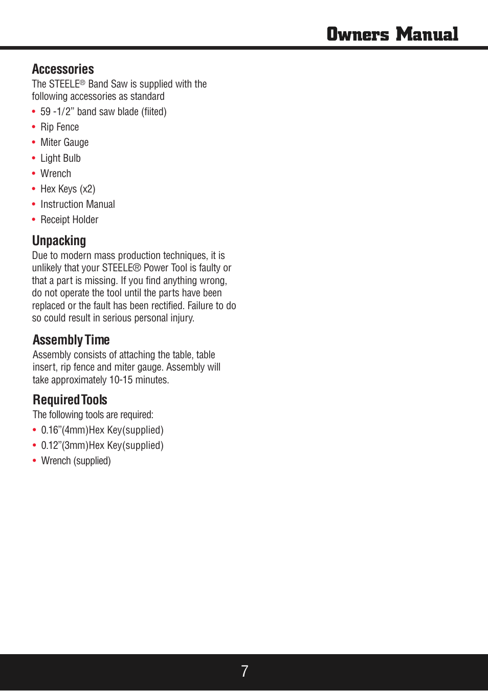 Sp-pb140 eng_manual 7.pdf, Accessories, Unpacking | Assemblytime, Requiredtools | Steele Products SP-PB140 User Manual | Page 7 / 18