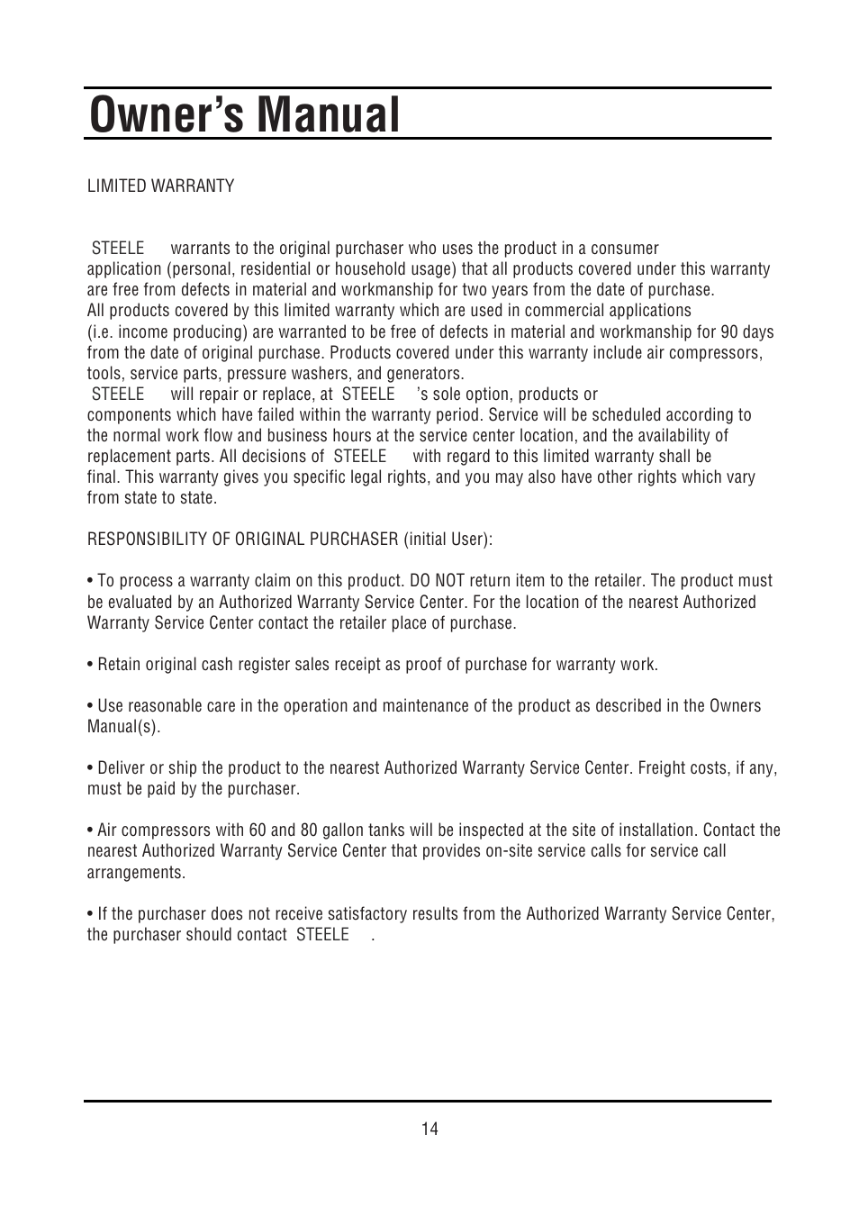 Owner’s manual | Steele Products SP-PT211 User Manual | Page 14 / 15