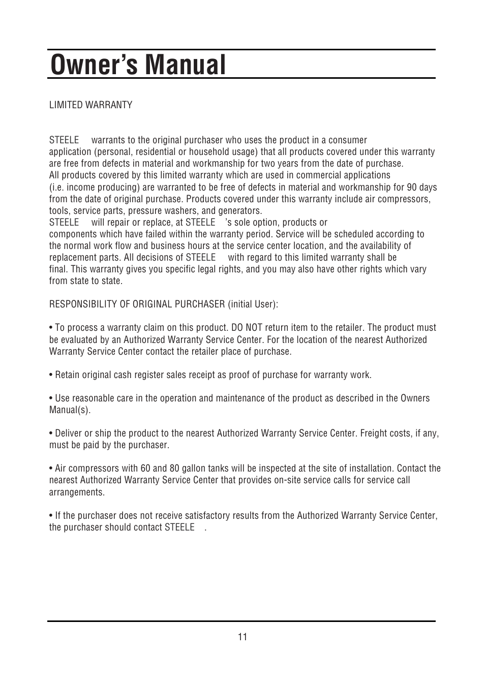 Owner’s manual | Steele Products SP-PT212 User Manual | Page 11 / 12