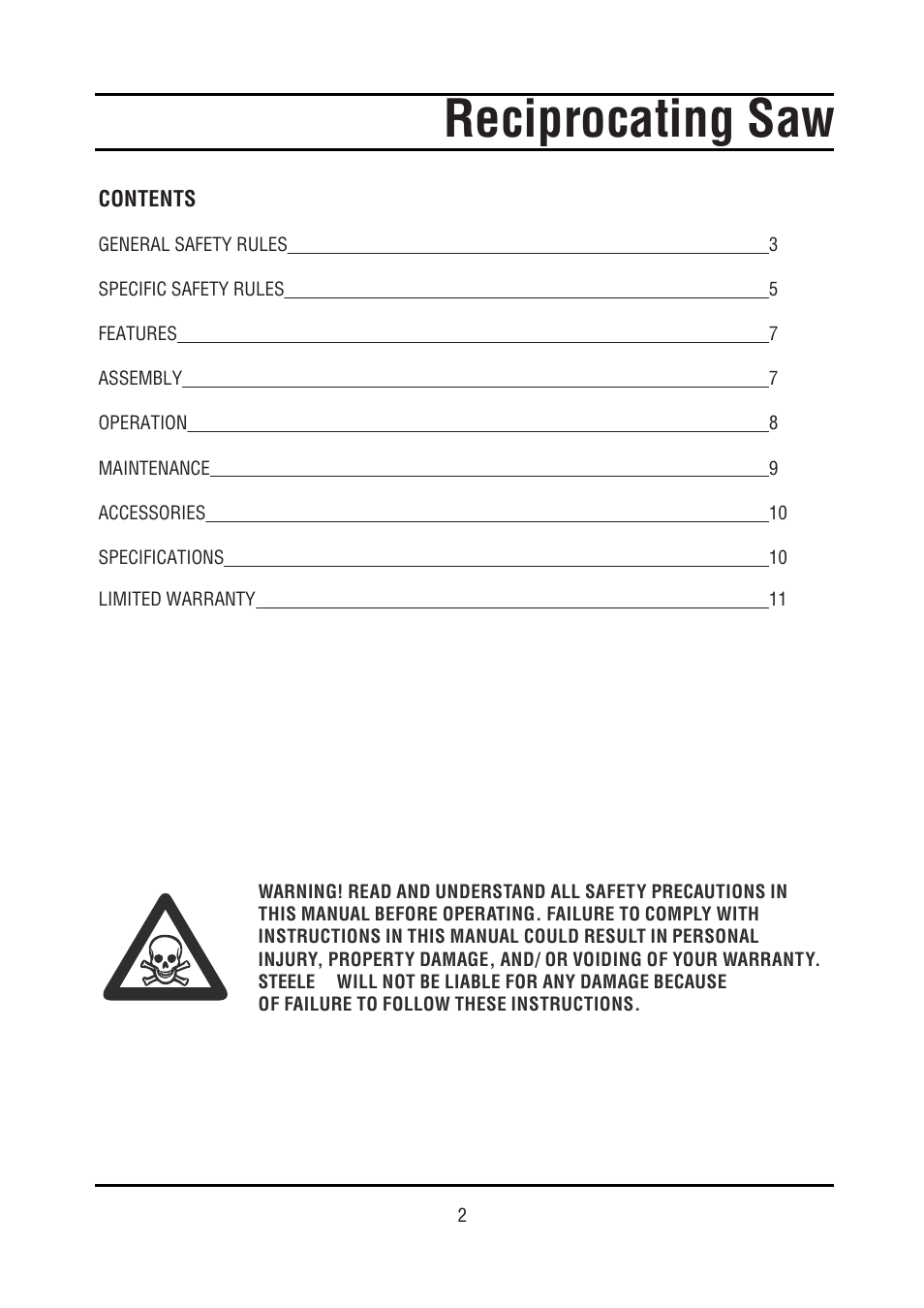 Reciprocating saw | Steele Products SP-PT212 User Manual | Page 2 / 12