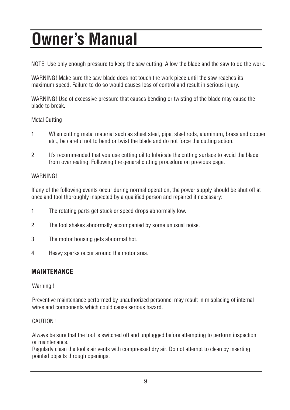 Owner’s manual | Steele Products SP-PT212 User Manual | Page 9 / 12