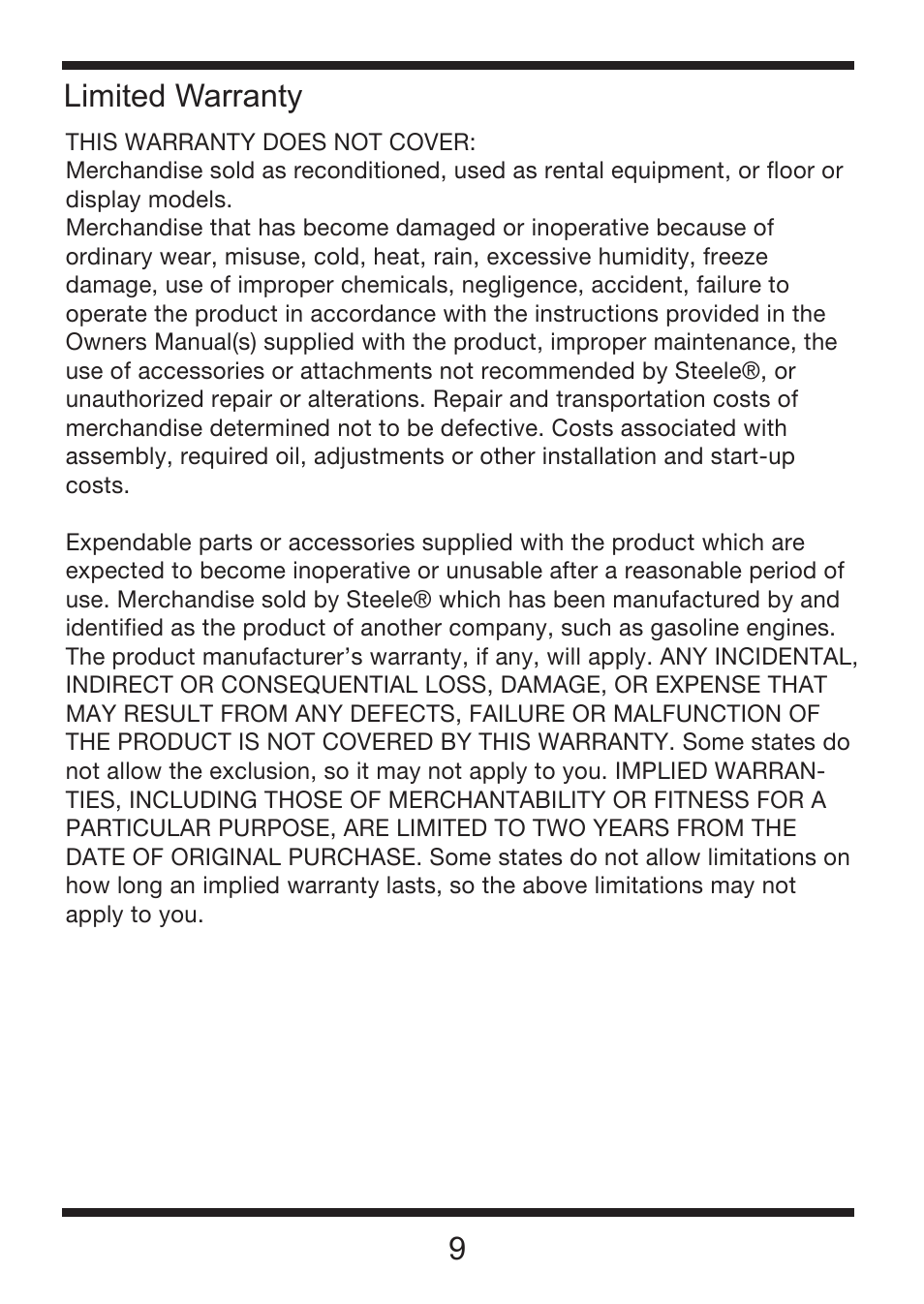 9limited warranty | Steele Products SP-PT220 User Manual | Page 10 / 10