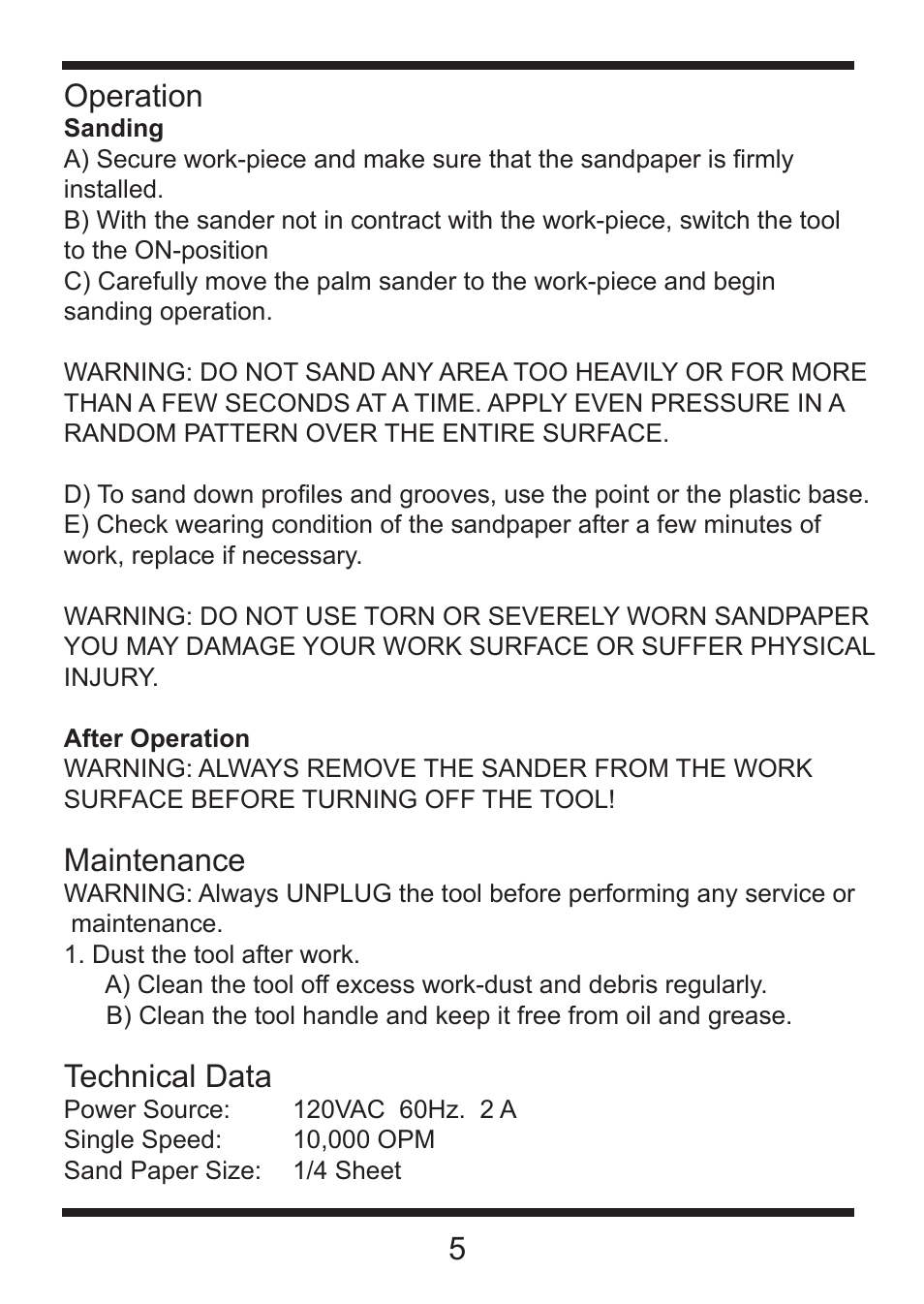 5operation, Maintenance, Technical data | Steele Products SP-PT220 User Manual | Page 6 / 10