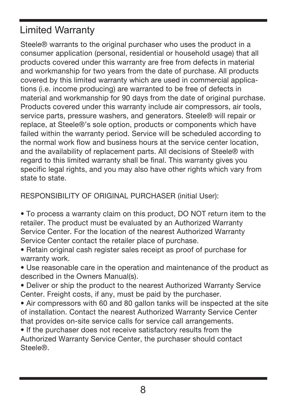 8limited warranty | Steele Products SP-PT220 User Manual | Page 9 / 10