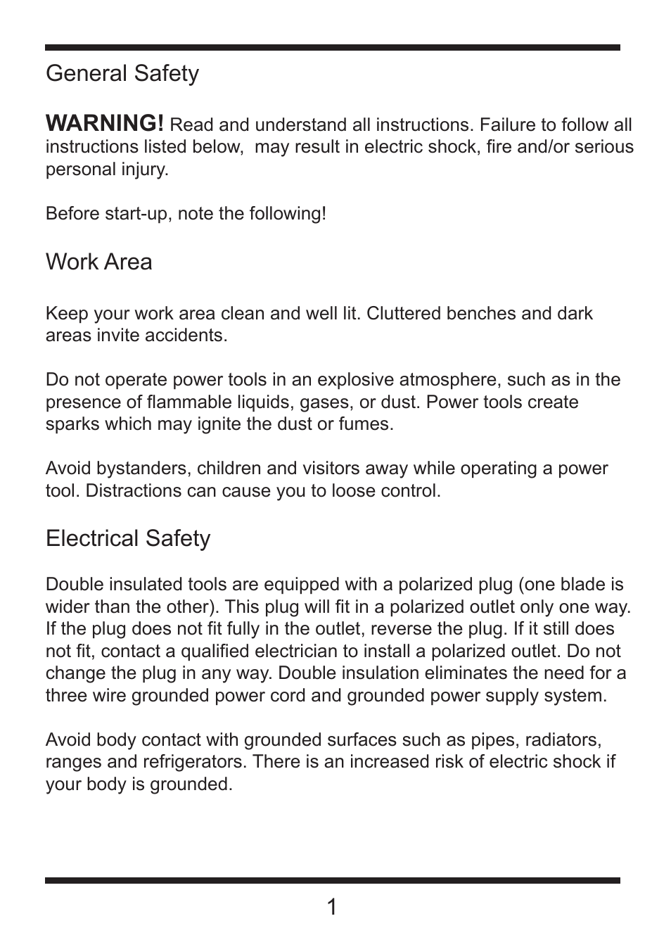 General safety warning, Work area, Electrical safety | Steele Products SP-PT221 User Manual | Page 2 / 8