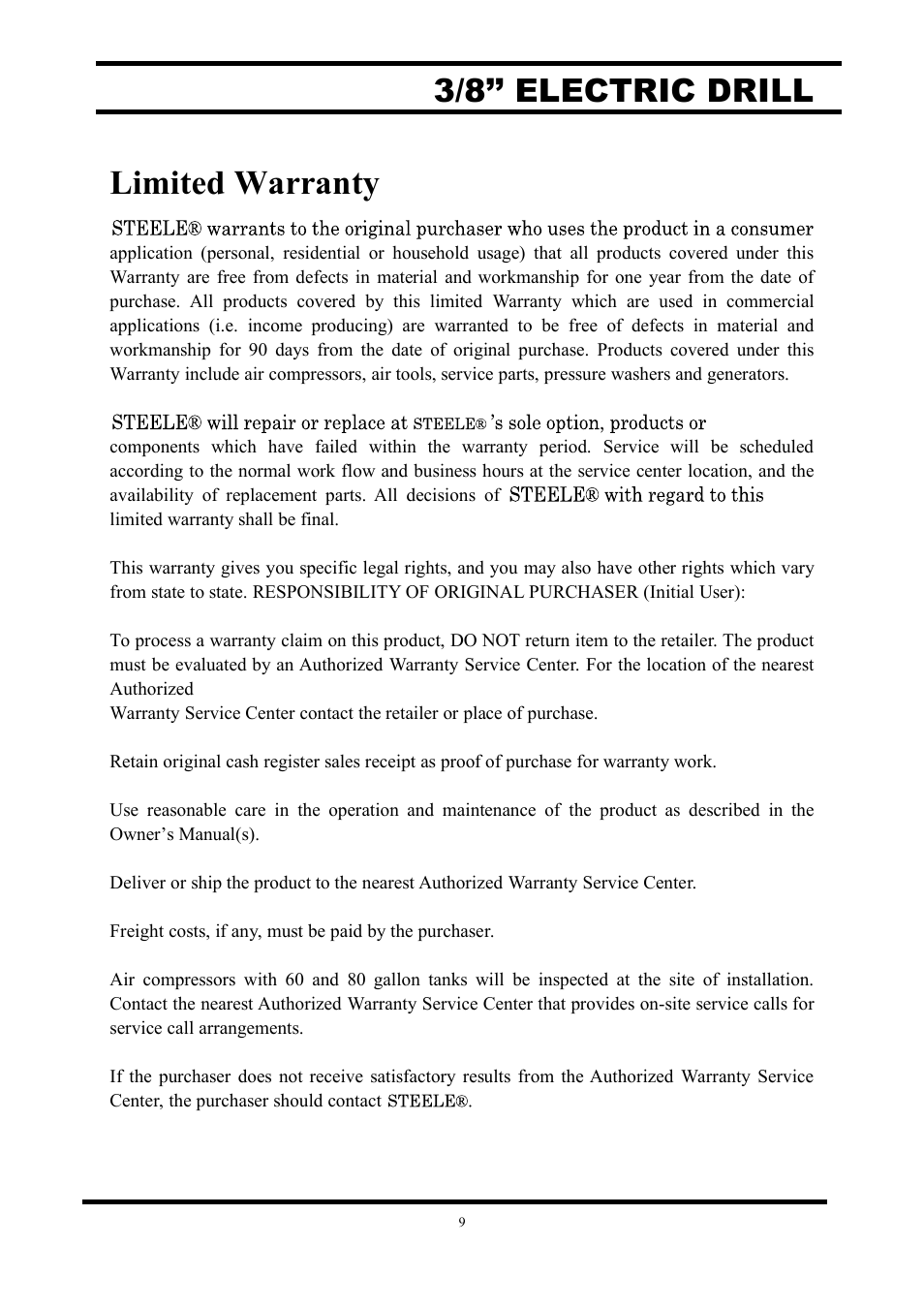 Limited warranty, 3/8’’ electric drill | Steele Products SP-PT235 User Manual | Page 10 / 11