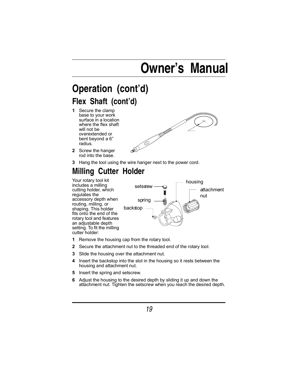 Owner’s manual, Operation (cont’d), Flex shaft (cont’d) | Milling cutter holder | Steele Products SP-PT253 User Manual | Page 19 / 31