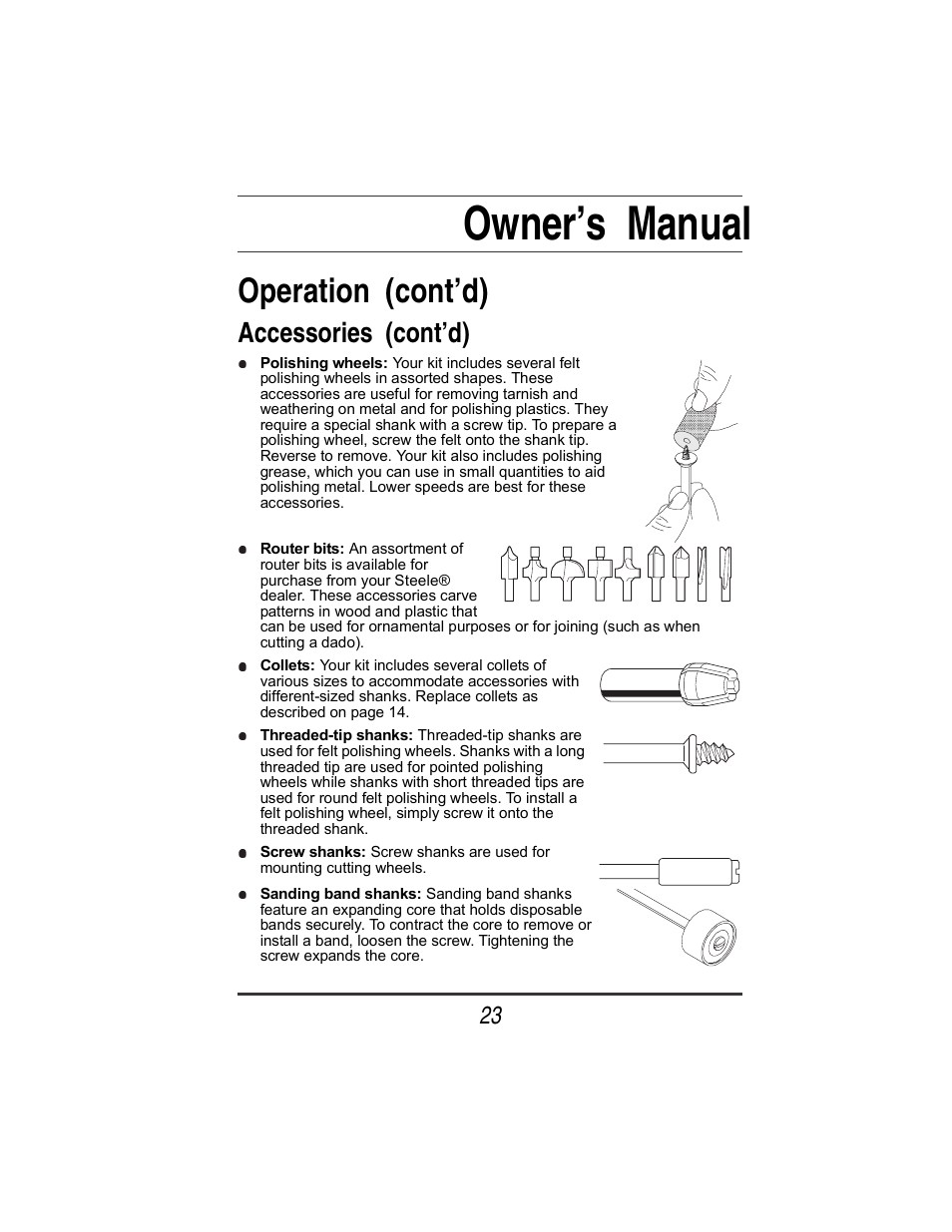 Owner’s manual, Operation (cont’d), Accessories (cont’d) | Steele Products SP-PT253 User Manual | Page 23 / 31