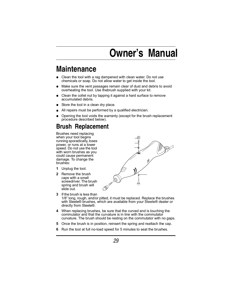 Owner’s manual, Maintenance, Brush replacement | Steele Products SP-PT253 User Manual | Page 29 / 31