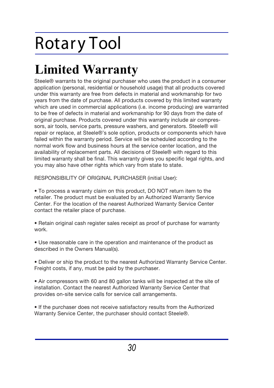 Rotary tool, Limited warranty | Steele Products SP-PT253 User Manual | Page 30 / 31