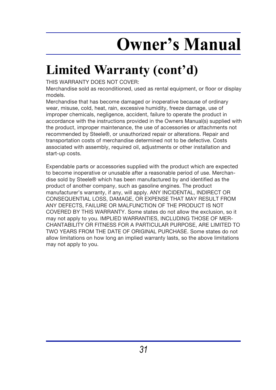 Owner’s manual | Steele Products SP-PT253 User Manual | Page 31 / 31