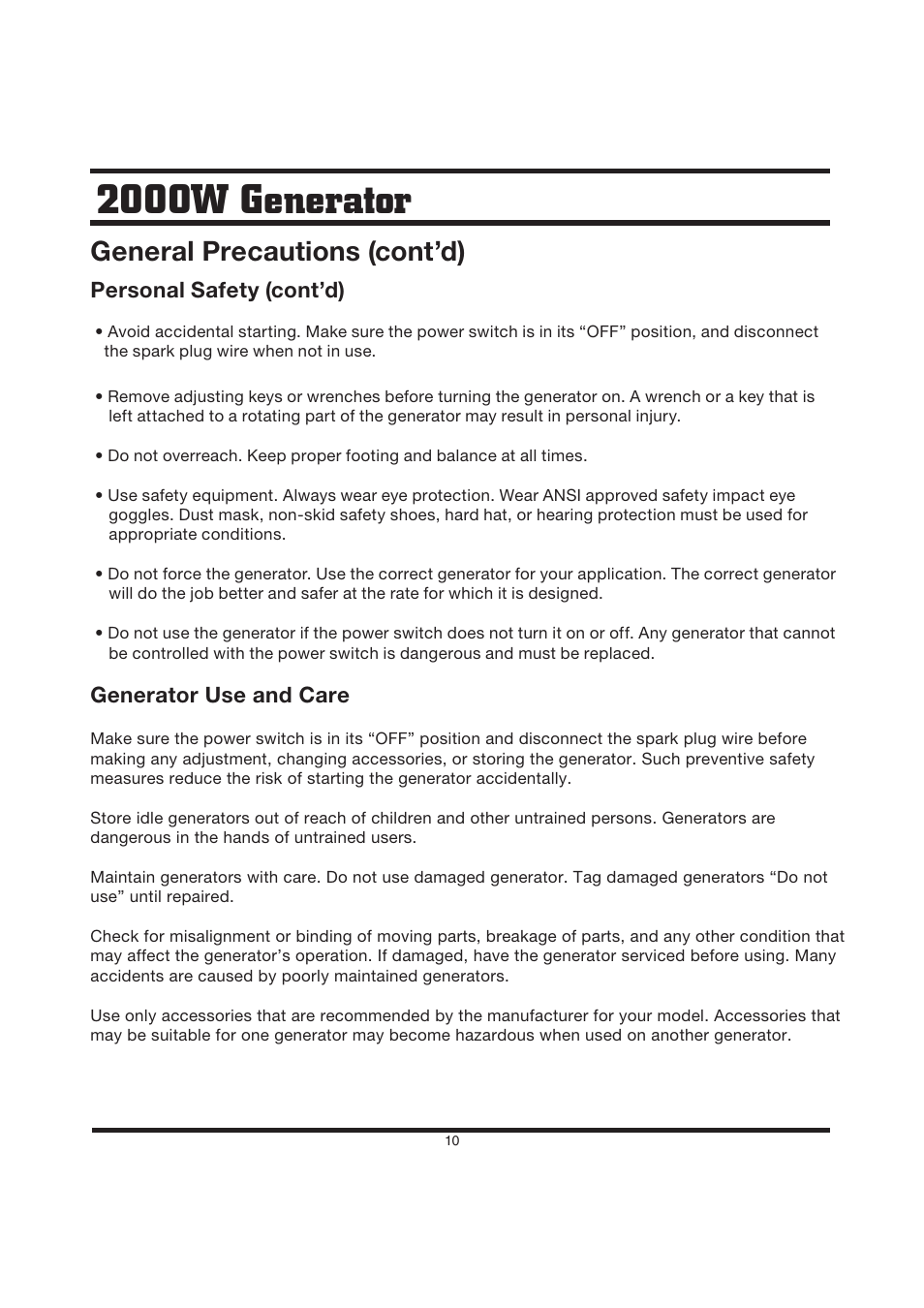 2000w generator, General precautions (cont’d), Personal safety (cont’d) | Generator use and care | Steele Products SP-GG200D User Manual | Page 10 / 50