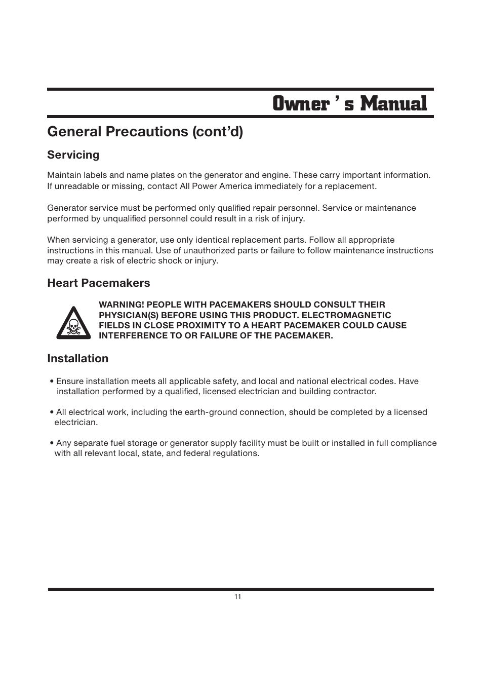 Owner s manual, General precautions (cont’d) | Steele Products SP-GG200D User Manual | Page 11 / 50
