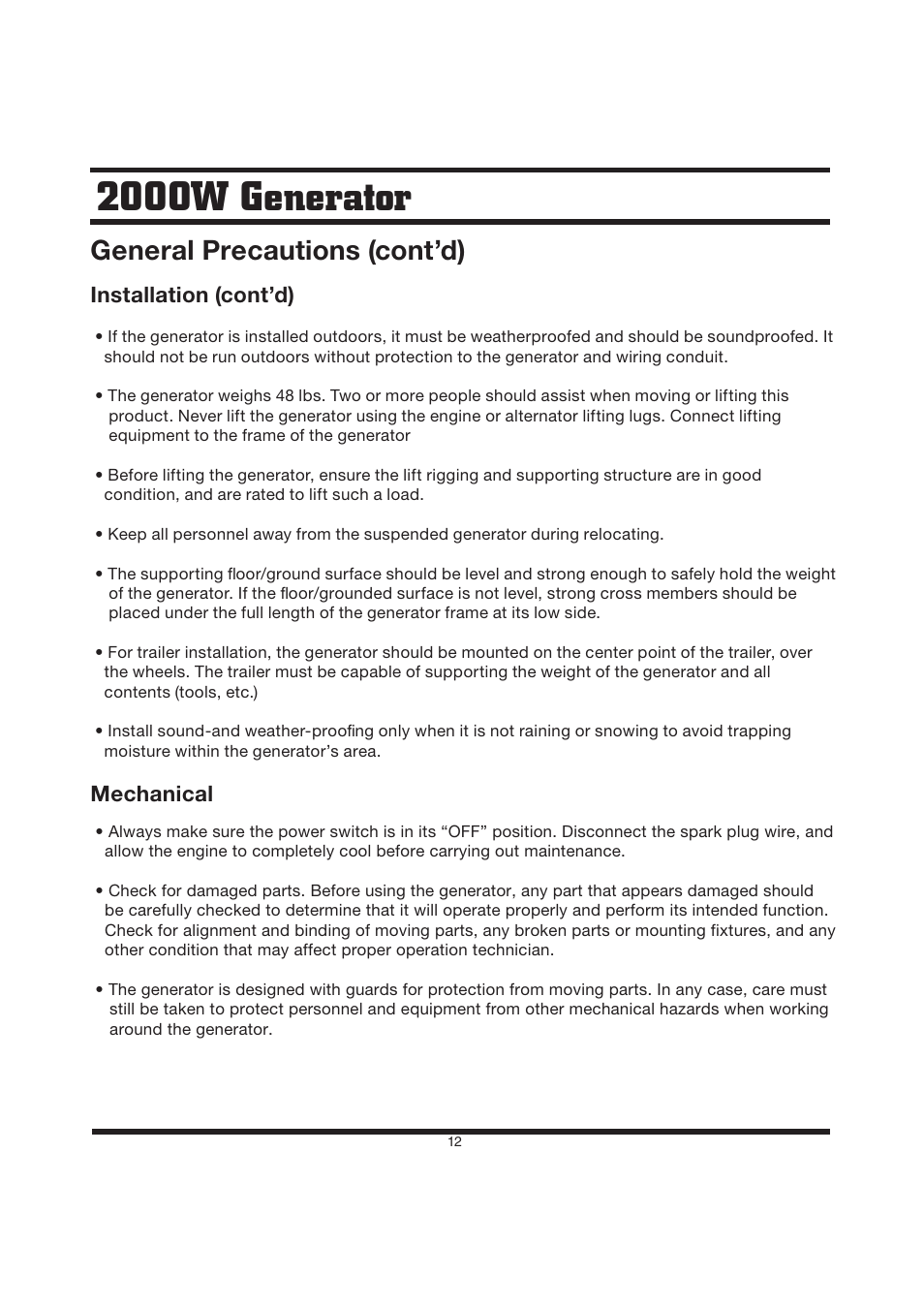 2000w generator, General precautions (cont’d), Installation (cont’d) | Mechanical | Steele Products SP-GG200D User Manual | Page 12 / 50