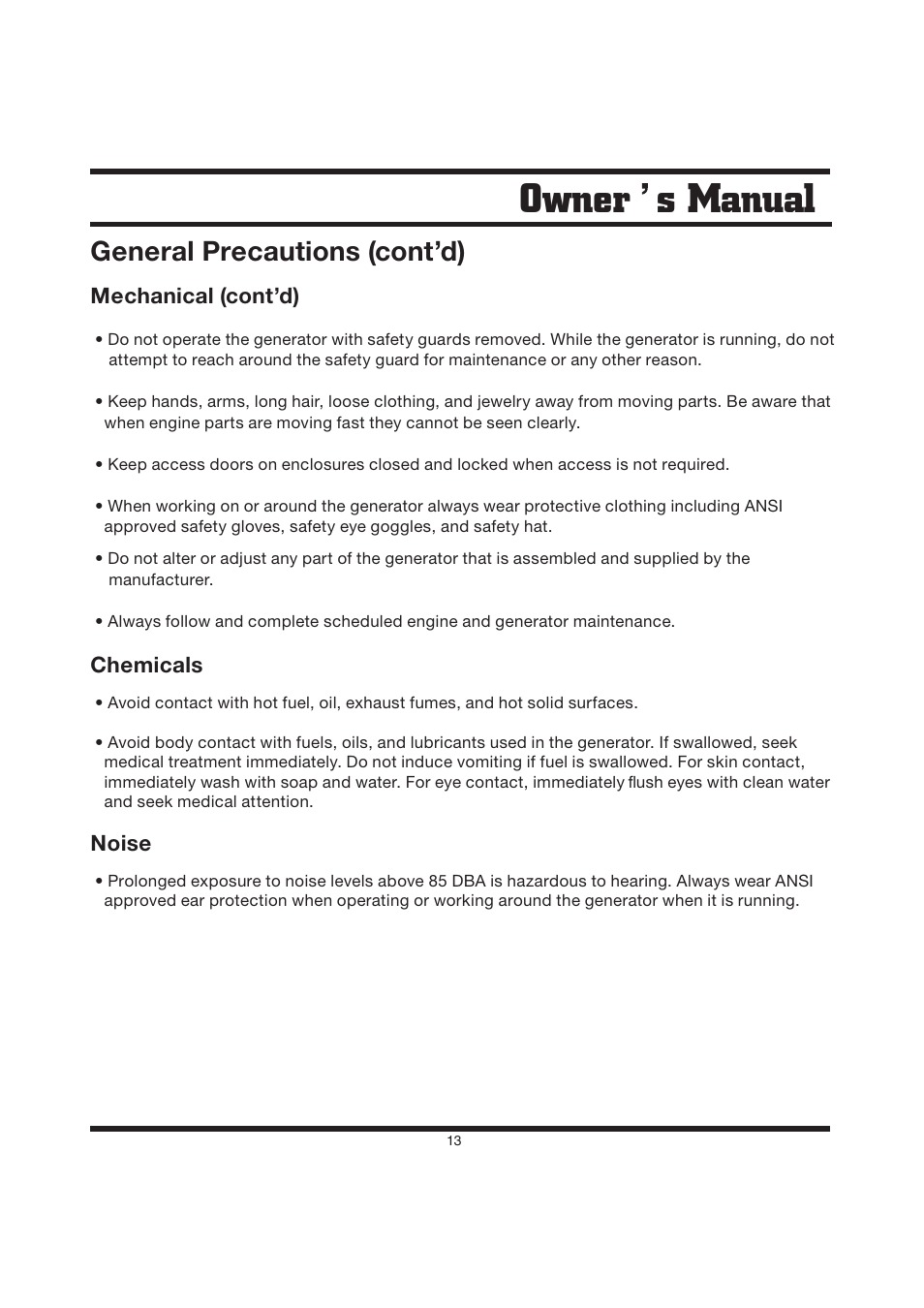 Owner s manual, General precautions (cont’d) | Steele Products SP-GG200D User Manual | Page 13 / 50