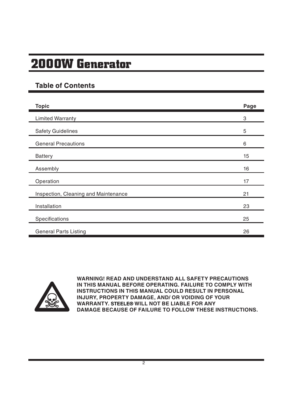 2000w generator | Steele Products SP-GG200D User Manual | Page 2 / 50