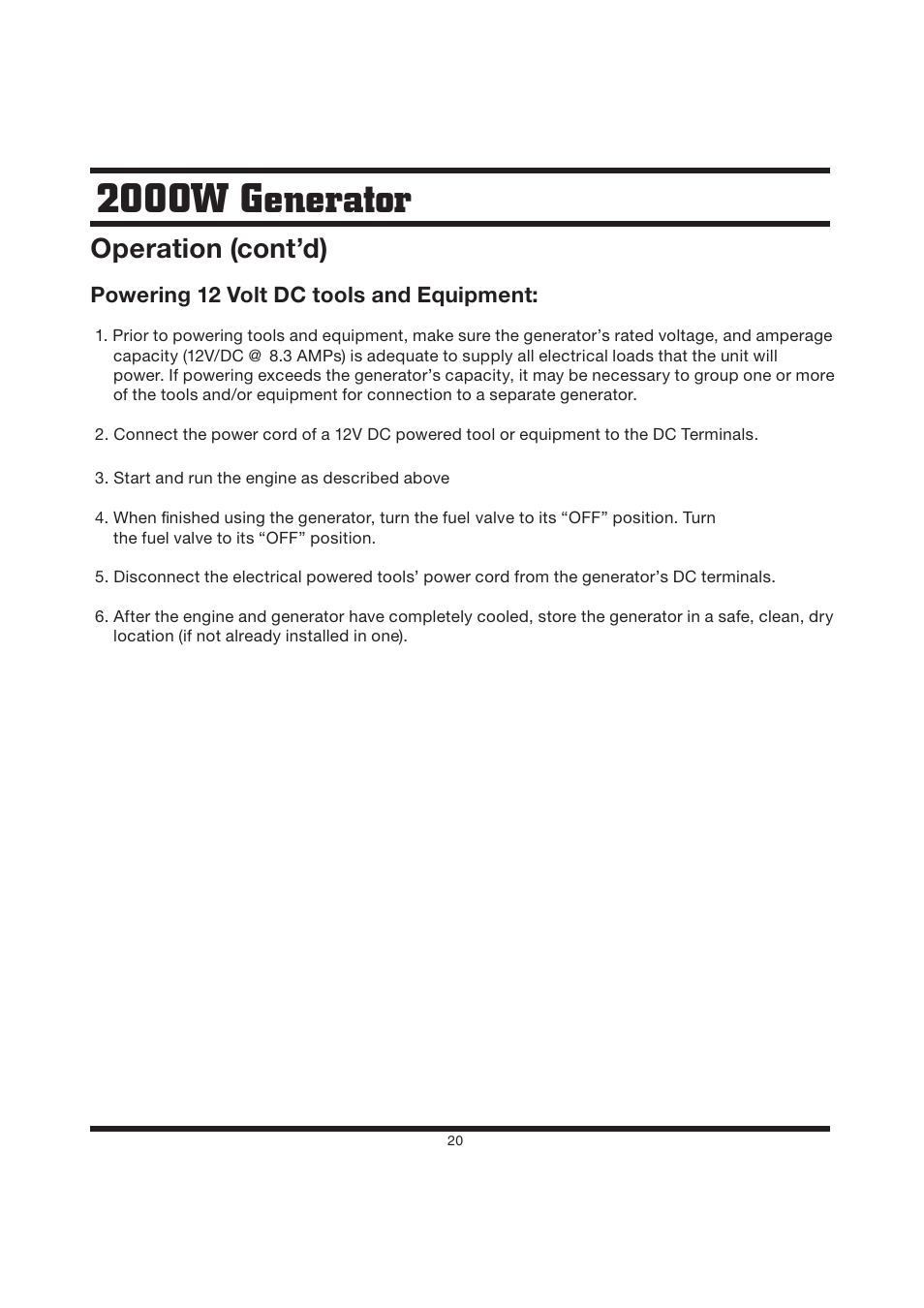 2000w generator, Operation (cont’d) | Steele Products SP-GG200D User Manual | Page 20 / 50
