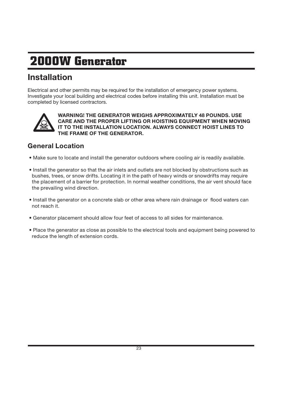 2000w generator, Installation | Steele Products SP-GG200D User Manual | Page 23 / 50