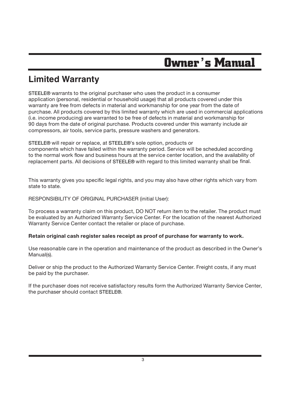 Owner s manual, Limited warranty | Steele Products SP-GG200D User Manual | Page 3 / 50