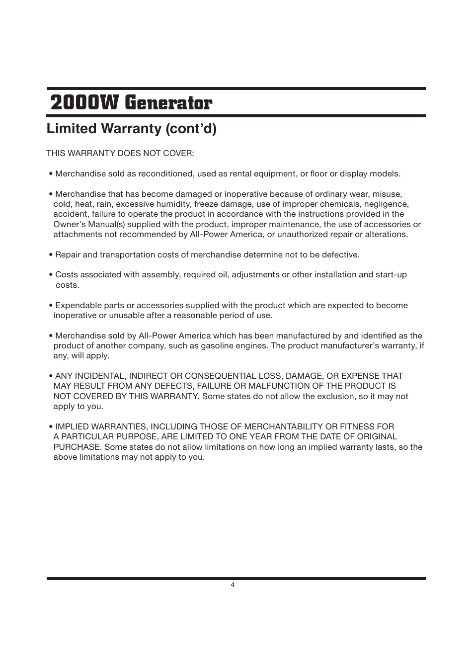 2000w generator, Limited warranty (cont d) | Steele Products SP-GG200D User Manual | Page 4 / 50