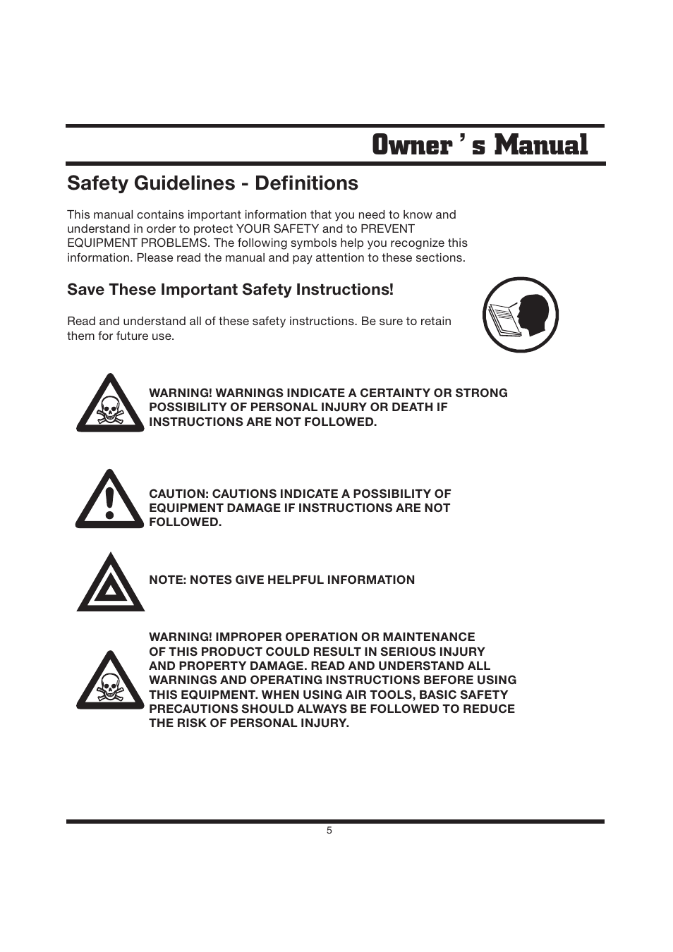 Owner s manual, Safety guidelines - definitions | Steele Products SP-GG200D User Manual | Page 5 / 50