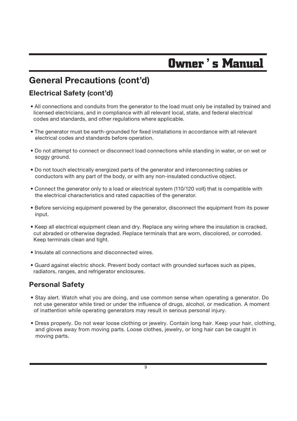 Owner s manual, General precautions (cont’d), Electrical safety (cont’d) | Personal safety | Steele Products SP-GG200D User Manual | Page 9 / 50