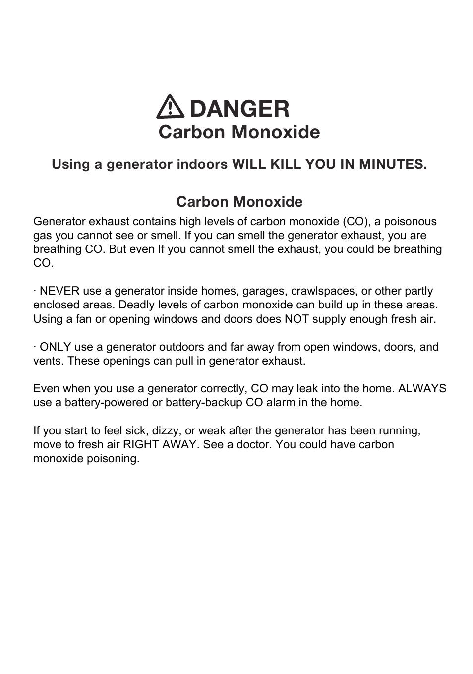 Danger, Carbon monoxide | Steele Products SP-GG200 User Manual | Page 2 / 37